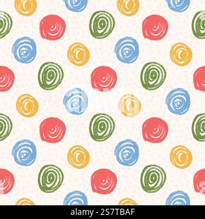 Farbige, nahtlose Farbstifte mit Polka Dots. Kreis Konfetti endloser Hintergrund. Geburtstagsrunder Punkte mit Bleistiftwiederholung. Scribble Spots mA Stock Vektor