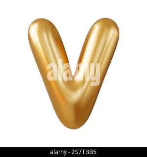 3D-Buchstabe V, goldfarben in Großbuchstaben, realistisches 3D-Design im Ballonstil. Isoliert auf weißem Hintergrund. 3D-Rendering. Vektorabbildung. 3D-Buchstabe V in Großbuchstaben Stock Vektor