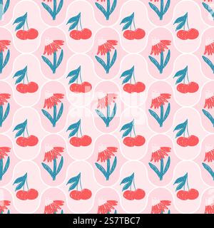 Blumen mit Kirschkreiden, gezeichnet nahtlos. Durchgehender Hintergrund mit floraler Cokette. Damast Botanik im Hintergrund mit Kirschwiederholungen. Oberflächenmuster des Stock Vektor