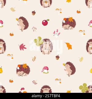 Nahtloses Herbstmuster des Igels. Herbst-Igel, Wald-Cartoon-Stoff-Druck. Pilze und Blätter, kleine Kreaturen. Heute Vektor-Textur-Design von Igel und Herbstmuster-Illustration. Nahtloses Herbstmuster des Igels. Herbst-Igel, Wald-Cartoon-Stoff-Druck. Pilze und Blätter, kleine Kreaturen. Heutzutage Vektortextur Stock Vektor