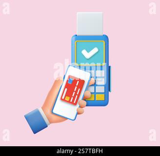 3d mobiles Zahlungskonzept. Menschliche Hand hält Mobiltelefon, neues POS-Terminal und Smartphone mit hoher Technologie in der Nähe von nfc. 3D-Rendering. Vektorabbildung. 3d mobiles Zahlungskonzept. Stock Vektor