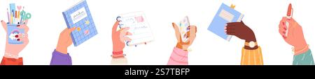 Hände mit Schreibwaren und Büchern, Notizbuch und Stift. Stilvolle Schülerhand mit Ringen und Armbändern, Bildung, Management Vektor Set aus Notizbuch und Schreibwaren, Marker und Lehrbuch Illustration. Hände mit Schreibwaren und Büchern, Notizbuch und Stift. Stilvolle Schülerhand mit Ringen und Armbändern, Bildung, Management Vektor Set Stock Vektor