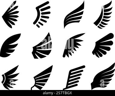 Schwarze Symbole mit isolierten Flügeln, grafisches Element mit geflügeltem Logo. Abstrakter Erfolg oder Modedesign, Armee-Abzeichen minimale Embleme anständige Vektorsatz der schwarzen Emblem-Element-Illustration. Schwarze Symbole mit isolierten Flügeln, grafisches Element mit geflügeltem Logo. Abstrakter Erfolg oder Modedesign, Armee-Abzeichen minimale Embleme anständiges Vektor-Set Stock Vektor