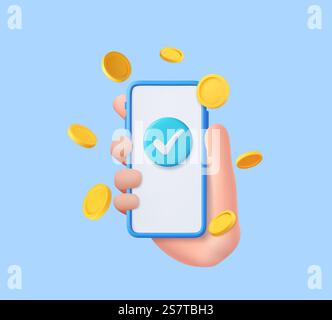 3. Hand eines Geschäftsmannes mit Handy, Scheck und goldenen Münzen. Mobile Online-Zahlung und -Überweisung. Finanzen, Investitionen, Geldeinsparungen. 3D-Rendering. Vektorabbildung. 3D-Handy, Checkmark und Goldmünzen Stock Vektor