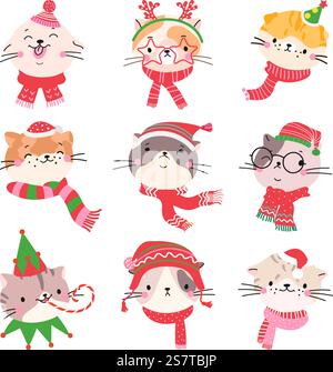 Katzen weihnachtsgesichter in Weihnachtsoutfits. Katzenavatare in santa-Hüten und -Tüchern. Weihnachten kindliche Aufkleber, winterlustige Tiere heutzutage Vektor Clipart. Illustration der winterweihnachtskatze, Katzengesicht. Katzen weihnachtsgesichter in Weihnachtsoutfits. Katzenavatare in santa-Hüten und -Tüchern. Weihnachten kindliche Aufkleber, winterlustige Tiere heutzutage Vektor Clipart Stock Vektor