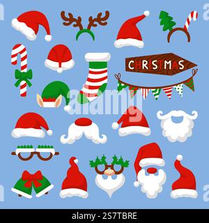 Weihnachtsfotostand farbenfrohe weihnachtsmann- und Hirschelemente. Selfie-Dekoration, Weihnachtsaufkleber. Rote claus und Elfenhüte, neoterische Feiertagsvektor Set von Dekoration Feiertag für Feier Illustration. Weihnachtsfotostand farbenfrohe weihnachtsmann- und Hirschelemente. Selfie-Dekoration, Weihnachtsaufkleber. Rote claus und Elfenhüte, neoterische Feiertagsvektoren Stock Vektor