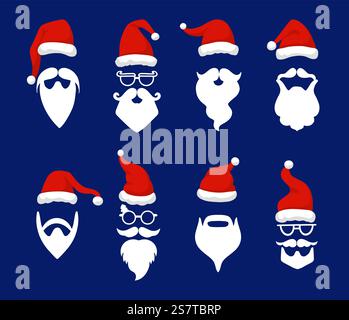 Weihnachtsmannhüte mit weißem Schnurrbart und Bärten. Cartoon-Objekte, claus Bart-Avatare. Lachendes weihnachtsdesign, Neujahrsneoterische Vektormasken. Illustration des weihnachtsmanns mit Hut. Weihnachtsmannhüte mit weißem Schnurrbart und Bärten. Cartoon-Objekte, claus Bart-Avatare. Lachendes weihnachtsdesign, Neujahrsneoterische Vektormasken Stock Vektor