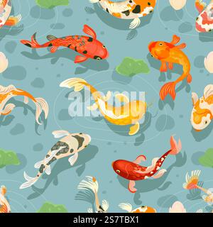 Nahtloses Muster für Koi-Fische. Stoffdruck im orientalischen Stil mit japanischen Botanik-Schriftzeichen. Dekorativer Hintergrund, Unterwasservektor-Textur des orientalischen Musters Koi-Stil, Fisch chinesische Illustration. Nahtloses Muster für Koi-Fische. Stoffdruck im orientalischen Stil mit japanischen Botanik-Schriftzeichen. Dekorativer Hintergrund, Unterwasser heutzutage Vektorstruktur Stock Vektor