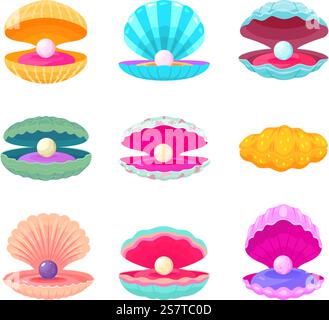 Perlen in Muscheln. Dekorative Cartoonschale mit Perle, verschiedenen Sand- und Meereselementen. Isolierte Austernmuschel, Unterwasser-Juwel heutzutage Vektor-Satz der Perle in Shell Illustration. Perlen in Muscheln. Dekorative Cartoonschale mit Perle, verschiedenen Sand- und Meereselementen. Isolierte Austernmuschel, Unterwasserjuwel heutzutage Vektorset Stock Vektor