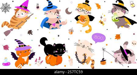 Halloween lustige Katzen. Süße Katze auf Kürbis und Besen, Kätzchen-Geist und Fledermaus. Kätzchen in gruseligen Kostümen, dracula und Hexenhut heutzutage Vektorfiguren halloween Katze Hexerei Illustration. Halloween lustige Katzen. Süße Katze auf Kürbis und Besen, Kätzchen-Geist und Fledermaus. Kätzchen in gruseligen Kostümen, dracula und Hexenhut heutzutage Vektorfiguren Stock Vektor