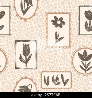 Nahtloses Blumenmuster. blumenschablone auf Vintage-Rahmen Allover Hintergrund. Buntstift gezogene Wiederholungsabdeckung. Federmotiv mit Oberflächenmuster. Vektor h Stock Vektor