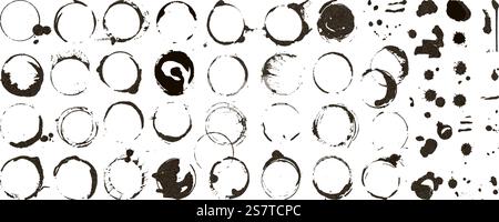 Schwarze Kaffeeringe, Grunge-Kreis-Rahmen oder Stempelgrafiken. Flecken und Tropfen, isoliertes dekoratives Design. Neoterische Dekor-Vektor-Clipart der Stempel-runden Kreis-Kaffee-Illustration. Schwarze Kaffeeringe, Grunge-Kreis-Rahmen oder Stempelgrafiken. Flecken und Tropfen, isoliertes dekoratives Design. Neoterische Dekor-Vektor-Clipart Stock Vektor