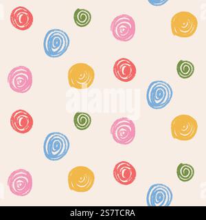 Gezeichneter Buntstift mit nahtlosem Muster. Kreis Konfetti endloser Hintergrund. Geburtstagsrunder Punkte mit Bleistiftwiederholung. Zeichnen der Markierungsmarkierung mit Scribble Spots Stock Vektor
