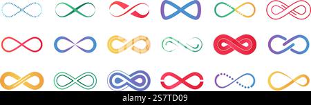 Ewige Ikonen für immer, Unendlichkeit ewiges Zeichen. Endlose farbige isolierte flache Symbole, abstraktes geometrisches Logo. Anständige geschäftliche Vektor-Grafik-Satz endloser und ewiger Illustration. Ewige Ikonen für immer, Unendlichkeit ewiges Zeichen. Endlose farbige isolierte flache Symbole, abstraktes geometrisches Logo. Anständiges Business Vektor-Grafikset Stock Vektor