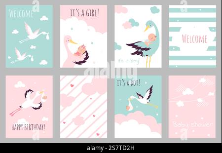 Babyparty-Einladungen und Wünsche druckbare Karten. Zeichentrickstorch fliegt mit neugeborenen Babys, Mädchen und Jungen. Festliche heute Vektor-Banner Einladung Party und Karte Illustration. Babyparty-Einladungen und Wünsche druckbare Karten. Zeichentrickstorch fliegt mit neugeborenen Babys, Mädchen und Jungen. Festliche Vektor-Banner heute Stock Vektor
