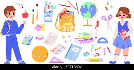 Studiensammlung, Back-to-School-Elemente. Niedliches Zeichentrickkind, Schreibwaren und Rucksack. Isolierte Pinsel, Bleistifte und Stift. Bildungs-Snugly-Vektorsatz von Schulstudienelementen Illustration. Studiensammlung, Back-to-School-Elemente. Niedliches Zeichentrickkind, Schreibwaren und Rucksack. Isolierte Pinsel, Bleistifte und Stift. Bildung Snugly Vektorsatz Stock Vektor
