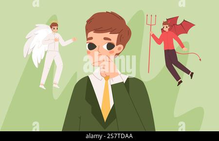 Schulterteufel und Engel. Gütiger und bösartiger menschlicher Berater, Schüler, Teenager oder Geschäftsmann, der denkt und wählt. Schwierige Wahl, kuschelige Vektorfiguren Mann mit Teufel und Engel Illustration. Schulterteufel und Engel. Gütiger und bösartiger menschlicher Berater, Schüler, Teenager oder Geschäftsmann, der denkt und wählt. Schwierige Wahl, eng anliegende Vektorzeichen Stock Vektor