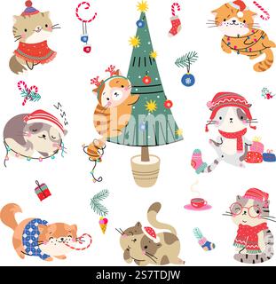 weihnachtskätzchen, fröhliche Weihnachtskatzen in Weihnachtsoutfits. Lustige niedliche Haustiere in Zierschal und Pullover. Isolierte heutzutage Wintervektortiere von Kätzentieren weihnachtsillustration. weihnachtskätzchen, fröhliche Weihnachtskatzen in Weihnachtsoutfits. Lustige niedliche Haustiere in Zierschal und Pullover. Heute isolierte Wintervektortiere Stock Vektor