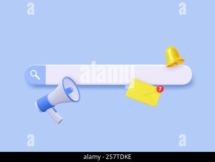 Designelement der 3D-Suchleiste. Navigations-Suchwerkzeug für Browser und Web. Realistische Megaphone und Glocke. Vorlage für Zeichentrickbanner. 3D-Rendering. Vektorabbildung. Designelement der 3D-Suchleiste. Stock Vektor