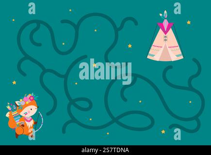 Kinder labyrintieren den Spielort mit niedlichem Comic Fuchs. Waldabenteuer, Waldtiere im Boho-Stil finden ein Haus im Labyrinth, Vektorszene. Illustration des Labyrinths. Kinder labyrintieren den Spielort mit niedlichem Comic Fuchs. Waldabenteuer, Waldtiere im Boho-Stil finden ein Haus im Labyrinth, Vektorszene Stock Vektor