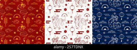 Frohes Chinesisches Neujahr 2024 Nahtloses Muster-Design. Übersetzung : Jahr des Drachen. Mit Laterne, Drachen und China-Elementen in flacher Illustration Stock Vektor