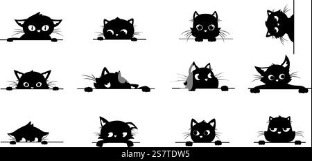 Schwarze Katze guckt, spioniert Katzen aus der Ecke. Kreative grafische Silhouetten mit großen Augen. Guck Kätzchen, schauende und verspielte kuschelige Vektoraufkleber Tierkatze, Spion Katzenillustration. Schwarze Katze guckt, spioniert Katzen aus der Ecke. Kreative grafische Silhouetten mit großen Augen. Guck Kätzchen, aussehende und verspielte, kuschelige Vektoraufkleber Stock Vektor