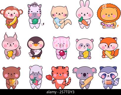 Niedliche kleine Tiere mit Futter. Lustige kleine Tiere, asiatische Grafik-Zoo-Charaktere. Kindliche Aufkleber, Obst und Gemüse, Süßigkeiten Vektor Set des Zoo Kawaii Löwen Charakter, mit Obst Illustration. Niedliche kleine Tiere mit Futter. Lustige kleine Tiere, asiatische Grafik-Zoo-Charaktere. Kindliche Aufkleber, Obst und Gemüse, Süßigkeiten heutzutage Vektor-Set Stock Vektor