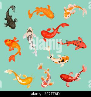 Koi-Fisch. Botanischer japanischer Fisch, Gartenkarpfen. Dekorative Goldfische, Unterwassertiere im asiatischen Stil. Orientalische Wasserelemente, Vektorsammlung des japanischen Sees mit farbiger Koi-Illustration. Koi-Fisch. Botanischer japanischer Fisch, Gartenkarpfen. Dekorative Goldfische, Unterwassertiere im asiatischen Stil. Orientalische Wasserelemente, heute Vektorsammlung Stock Vektor