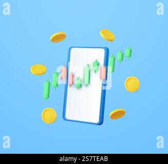 Online-Handel mit 3D-Aktien mit Smartphone und Geldmünze. Nvestment-Handel an der Börse, Kerzenstab-Chart. 3D-Rendering. Vektorabbildung. Online-Handel mit 3D-Aktien mit Smartphone und Geldmünze Stock Vektor
