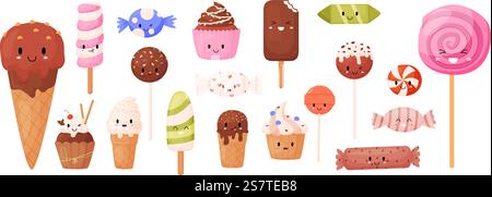 Kawaii süsst isolierte Charaktere. Eis, Lutscher und Süßigkeiten mit süßen emotionalen Gesichtern. Kindliche Maskottchen, lustige kuschelige Lebensmittel Vektor-Ikonen der süßen Dessert Kawaii Schokolade Illustration. Kawaii süsst isolierte Charaktere. Eis, Lutscher und Süßigkeiten mit süßen emotionalen Gesichtern. Kindliche Maskottchen, lustige Kuschelspeise-Vektor-Ikonen Stock Vektor