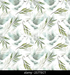 Taube mit grünen Olivenzweigen, nahtloses Muster. Weiße fliegende Taube Vogel, Symbol des Friedens Aquarell Hand gezeichnete Illustration für Religion Druck Stockfoto