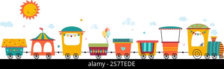 Kinder-Cartoon-Zug, Vergnügungspark Transport mit Sonne und Wolken. Kinderattraktion, leere Anhänger mit Fahnen, vereinzelte Vektorgrafik des Zeichentrickzugs in Park-Unterhaltungsillustration. Kinder-Cartoon-Zug, Vergnügungspark Transport mit Sonne und Wolken. Attraktion für Kinder, leere Anhänger mit Fahnen, isolierte Vektorgrafik Stock Vektor