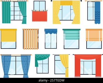 Flache Vorhänge an den Fenstern. Farbvorhang, Fensterdekoration und Jalousien. Dekorative Innenaccessoires des Raumes, Stoffdesign anständige Vektorelemente des Fensterhauses, Hauptvorhang Innenillustration. Flache Vorhänge an den Fenstern. Farbvorhang, Fensterdekoration und Jalousien. Dekorative Innenausstattungen, Stoffdesign und anständige Vektorelemente Stock Vektor