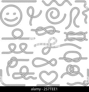 Marine Rope Kollektion. Nautische Seile und Knoten, Meer- oder Ozeanabenteuer. Dekorative Pinsel, abstrakte anständige Vektorgrafik-Grenzen der nautischen Knoten-Illustration. Marine Rope Kollektion. Nautische Seile und Knoten, Meer- oder Ozeanabenteuer. Dekorative Pinsel, abstrakte anständige Vektorgrafik-Ränder Stock Vektor
