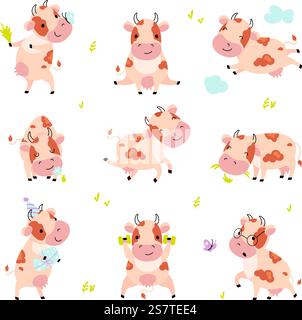 Süße Kuh. Lustige Zeichentrickkühe, Milchvieh. Humorvolles Gehen, Essen und Training von Säugetieren. Kindliche Emotionalität heute Vektorfiguren Kuhfarm Milch Illustration. Süße Kuh. Lustige Zeichentrickkühe, Milchvieh. Humorvolles Gehen, Essen und Training von Säugetieren. Kindliche Emotionalität heutzutage Vektorfiguren Stock Vektor