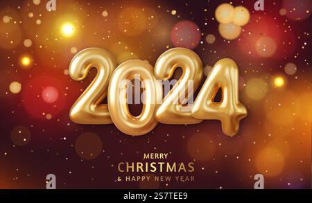 3D Happy New Year 2024. Goldene 3D-Zahlen mit Konfetti auf einem unscharfen, bunten Bokeh-Hintergrund hängen. Vektorabbildung. 3D Happy New Year 2024 Hintergrund. Stock Vektor