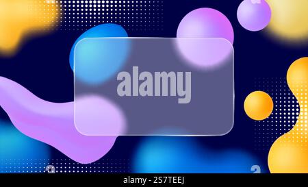 3D-Hintergrund aus mattem Glas oder Kunststoff mit abstrakten bunten Formen. Glassmorphismus Banner Design, Kreditkartenschablone leere Vorlage aus Glas Kunststoff transparente Illustration. 3D-Hintergrund aus mattem Glas oder Kunststoff mit abstrakten bunten Formen. Glassmorphismus-Banner-Design, Kreditkartenschatulle leere Vorlage Stock Vektor