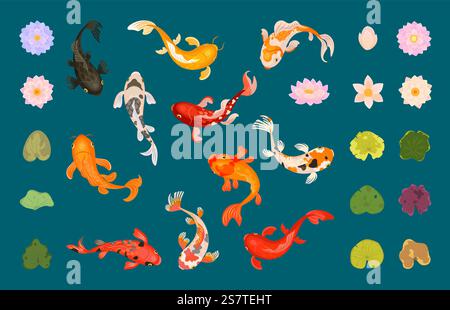 Koi-Fisch und Lotus. Kollektion Botanical Elements, japanisches Design im Garten-See-Stil. Unterwasserfiguren und Natur, heute Vektor-Clipart der traditionellen Illustration von Koi-Fischen. Koi-Fisch und Lotus. Kollektion Botanical Elements, japanisches Design im Garten-See-Stil. Unterwasser-Charaktere und Natur, heute Vektorclipart Stock Vektor