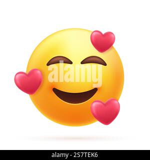 3D lächelndes Emoticon mit drei Herzen. Emoji mit Herzen im Liebesgesicht, drückt fröhliche, liebevolle Gefühle aus, besonders verliebt zu sein. Vektorabbildung. Lächelndes Emoticon mit drei Herzen. Stock Vektor