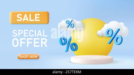 Sonderangebot 3D-Angebot, Podium Prozent, Podium-Szene. 3D-Rendering. Vektorabbildung. 3D-Sonderangebot, Stock Vektor