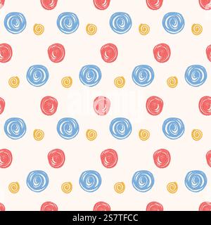 Gezeichneter Buntstift mit nahtlosem Muster. Kreis Konfetti endloser Hintergrund. Geburtstagsrunder Punkte mit Bleistiftwiederholung. Zeichnen der Markierungsmarkierung mit Scribble Spots Stock Vektor