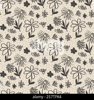 Nahtloses Blumenmuster. Schwarzer, floraler Schablonenhintergrund. Marker gezeichnet, wiederholte Abdeckung. Oberflächenmuster Federmotiv auf beige bg. Vektor-Hand-dr Stock Vektor