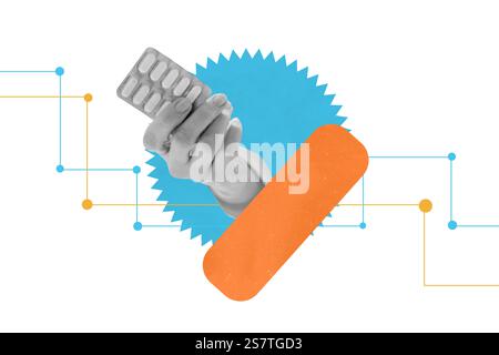Trend Artwork Vorlage Design 3D Collage Skizze der anonymen Hand halten Pillen Vitamin Antibiotika Gesundheitswesen Medizin Apotheke Therapie Stockfoto
