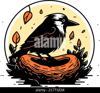 Krähe sitzt auf einem Nest. Vektorillustration im Vintage-Stil. Stock Vektor