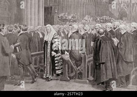 Die Eröffnung des Rechtsjahres 1897 war durch eine öffentliche Gottesakte von Bench and Bar at Westminster Abbey gekennzeichnet. Die Richter in der Westminster Abbey: Der Lord Chancellor's Prozession verlässt den Chor nach dem Gottesdienst. Aus der Graphic Illustrated Weekly Zeitung, erschienen 1897. Stockfoto