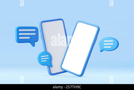 3D-Smartphone mit schwimmenden Chat-Blasen, Social-Media-Chat-App trendig. Konzept des Online-Gesprächs, Gesprächs, Gesprächs. 3D-Rendering. Vektorabbildung. 3D-Rendering-Smartphone mit schwebendem Chat Stock Vektor
