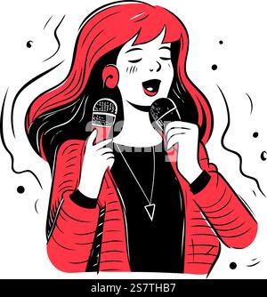 Vektor-Illustration eines Mädchens, das Karaoke mit Mikrofon in der Hand singt. Stock Vektor