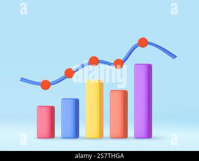Symbol für 3D-Balkendiagramm. Element farbiger Diagramme und Diagramme für mobile Konzepte und Web-Apps. Das Konzept der Finanzwirtschaftslehre. 3D-Rendering. Vektorabbildung. Symbol für 3D-Balkendiagramm. Stock Vektor