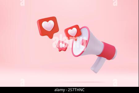 3D-Megaphon, Lautsprecher und Sprechblase mit Herzen. Alles Gute zum Valentinstag. Love Time Concept, 3D-Rendering. Vektorabbildung. 3D-Megaphon, Lautsprecher mit Herzen Stock Vektor