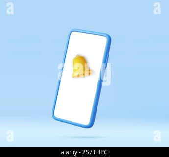 3D-Telefon mit Klingelbenachrichtigung. Smartphone und neues Nachrichtenkonzept. Hinweis zu sozialen Medien. Neuigkeiten und abonnieren. E-Mail-Erinnerung. 3D-Rendering. Vektorabbildung. 3D-Telefon mit Klingelbenachrichtigung. Stock Vektor